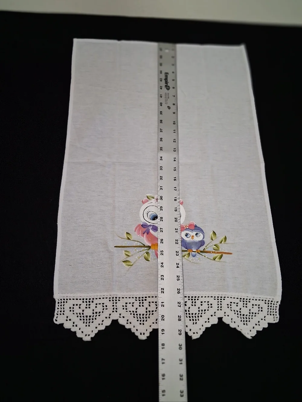 Painted Owl Tea Towel with Crochet Edge - White - Picture 4 of 4